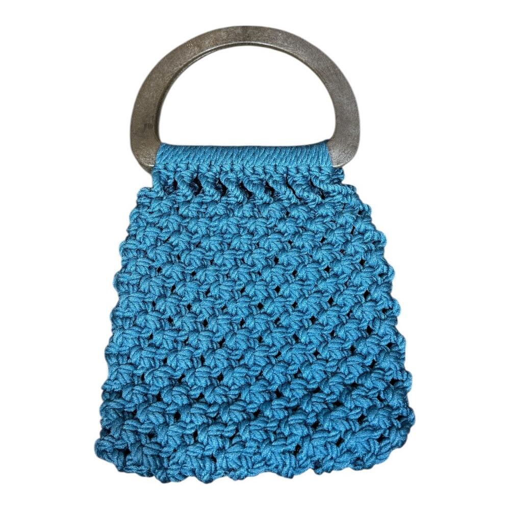 Vintage Blue Macrame Woven Handbag Wooden Handle Boho Cottagecore Summer Bag